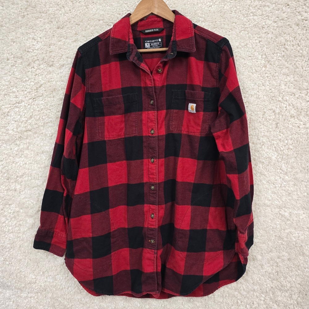 Carhartt Rugged Flex Flannel Shirt Womens 1X Red Black Buffalo‎ Plaid Workwear